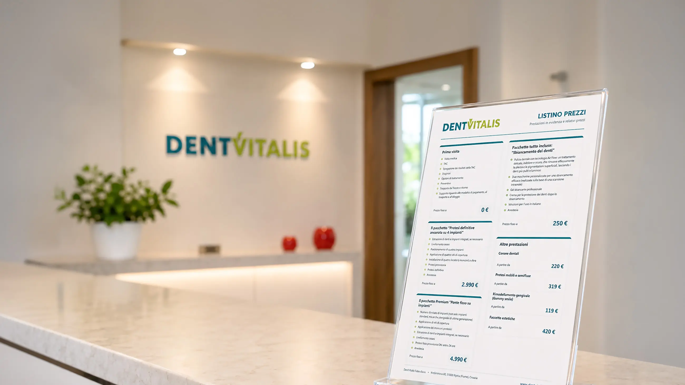 Price list at the DentVitalis clinic reception