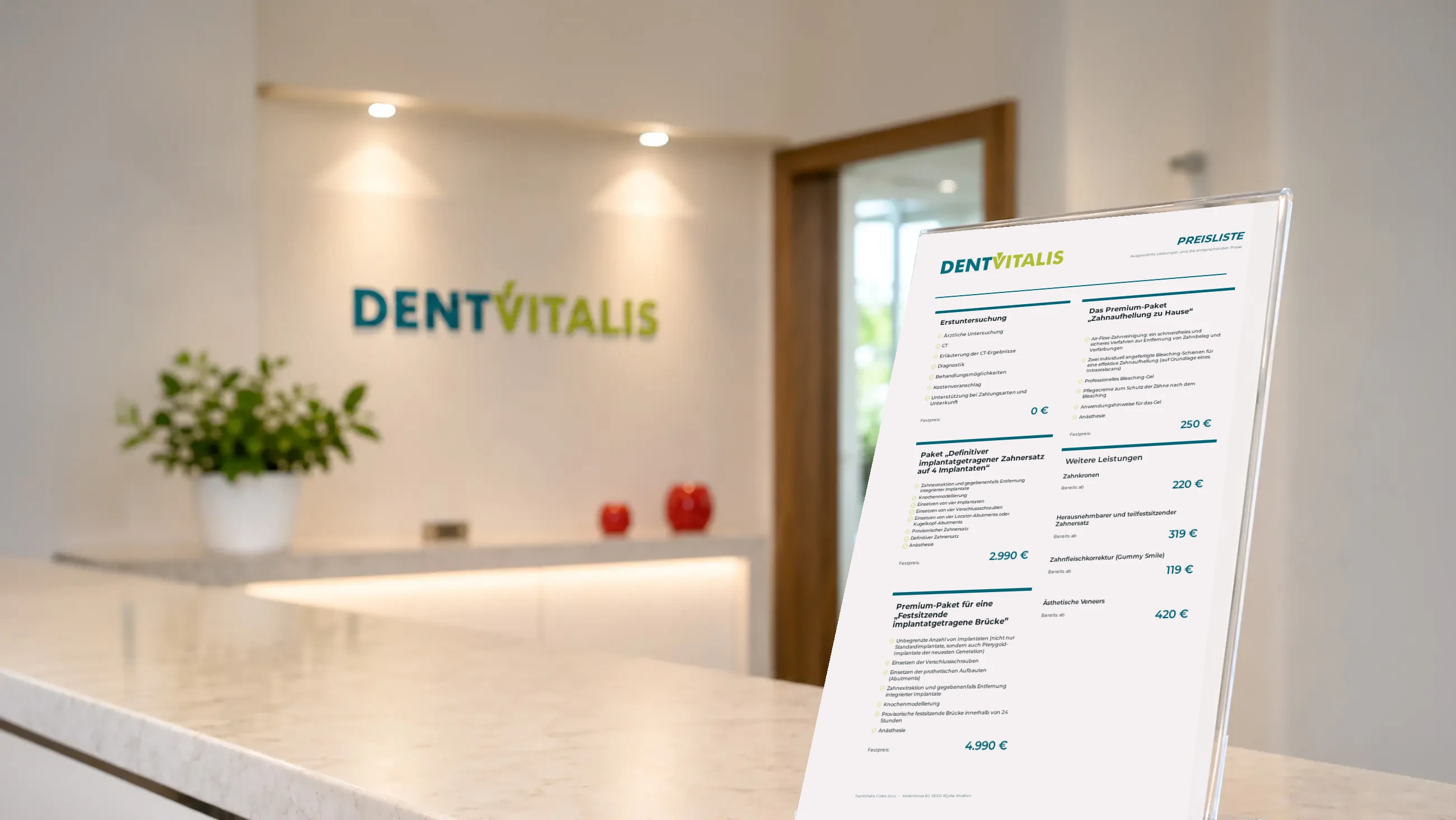 Deutsche Preisliste an der Rezeption der DentVitalis Klinik